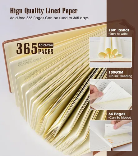 Miniatura 3 de Cuaderno Diario con Líneas - 365 Páginas A5 Cuaderno Grueso para Escribir para Hombres y Mujeres, Cuaderno con Rayas Universitarias, Diario de Cuero