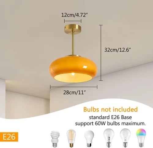 Miniatura 2 de Lámpara de techo semiempotrada de cristal, moderna cerca del techo, pantalla de cristal de cúpula naranja de 11 pulgadas, lámpara de techo dorada