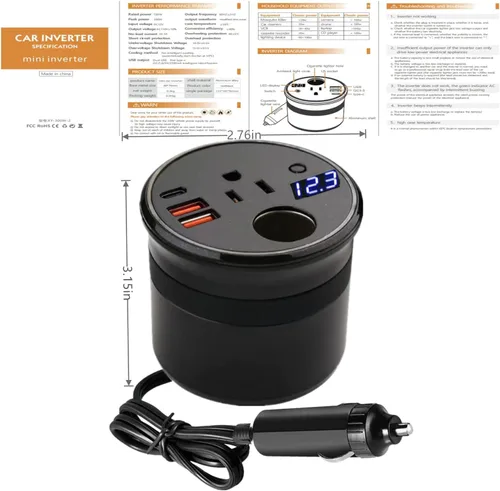 Miniatura 2 de XU Yuan - Inversor de corriente de 150 W/PP300 W para vehículos (negro) Diseño de portavasos DC12V a 110V CA Mini inversor de automóvil con doble
