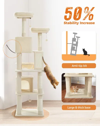 Miniatura 4 de PEQULTI Árbol para gatos de interior de 71 pulgadas con hamaca grande, torre alta para gatos grandes con condominio para 2 gatos, 2 perchas