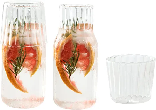 Juego de 4 jarras de agua de noche y vidrio, jarra de agua de cristal de 20 onzas con vaso para mesita de noche, elegante decantador de enjuague