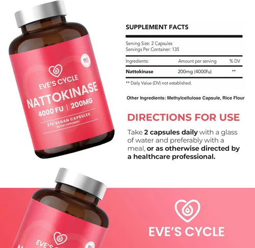 Miniatura 6 de Eve's Cycle Suplemento Nattokinase 4000 FU - 270 cápsulas veganas de Natto - Enzima japonesa premium, anticoagulante natural, orgánico, sin