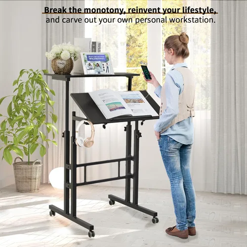 Miniatura 3 de Hadulcet Escritorio móvil de pie con estación de carga, escritorio ajustable para computadora de pie, carrito ajustable para laptop con ruedas