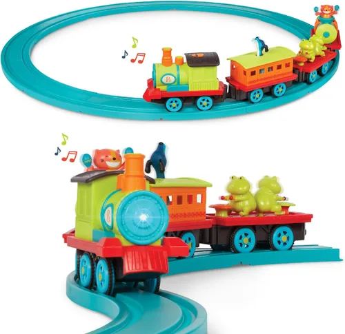 Miniatura 10 de B. toys – Juego de Tren de Madera y Ruedas – 47 Piezas – Vías y Accesorios – Cubo de Almacenamiento con Tapa de Montaña – Juguetes Clásicos