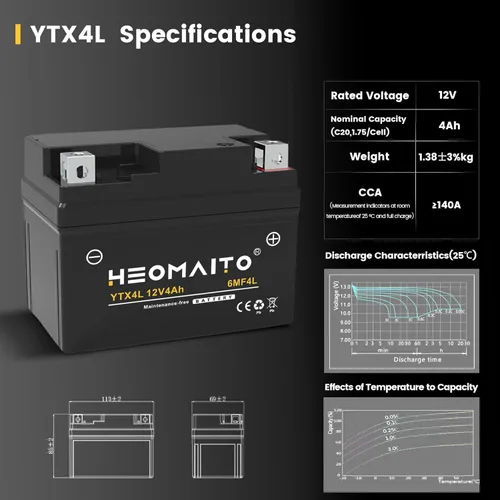 Miniatura 5 de Batería de plomo-ácido YTX4L-BS, 12V 4Ah, 140 CCA, 6MF4L sin mantenimiento, para batería de motocicleta AGM, motocicletas 50–100 CC, ATV 50–90 CC