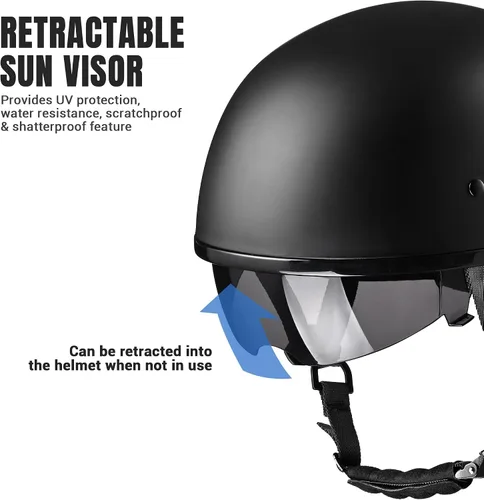 Miniatura 5 de AHR Half Helmet with Sun Visor, Quick Release Buckle Half Face Warrior Motorcycle Helmet for Bike Chopper Cruiser DOT Approved, Run-D