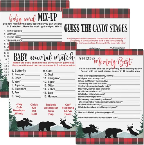 Lumberjack Baby Shower Juego Bundle (25 invitados) Incluye Who Knows Mommy Best, Word Scramble, Animal Matching, Candy Guessing – Oso rústico, alces
