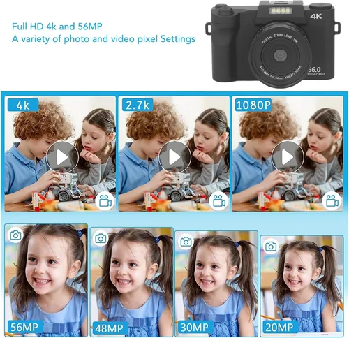 Miniatura 2 de Cámara digital compacta 4K para regalo, cámara de vlogging de enfoque automático de 56MP 16X, pantalla HD de 3.0 pulgadas, mini cámara DV de punto