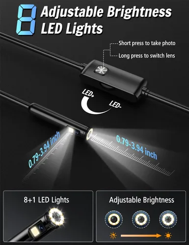 Miniatura 3 de Cámara endoscopio con luz, boroscopio HD 1920P con 8 luces LED ajustables, boroscopio con cámara de serpiente semirrígida de 16.4 pies con luz