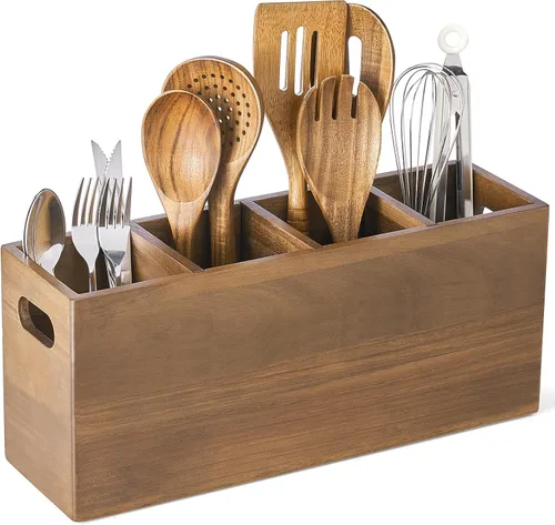 Miniatura 7 de Soporte para utensilios de madera, organizador de utensilios de cocina, grande con 6 compartimentos, soporte para utensilios de cocina, contenedor