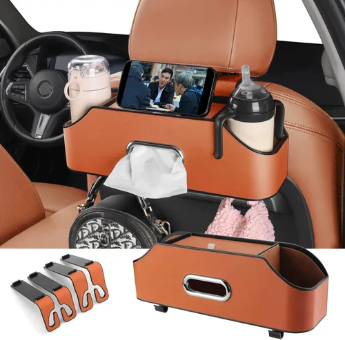 Miniatura 7 de HOLDCY Organizador de asiento trasero de automóvil con 2 portavasos para bebidas, caja de pañuelos y gancho para caja de almacenamiento, Beige