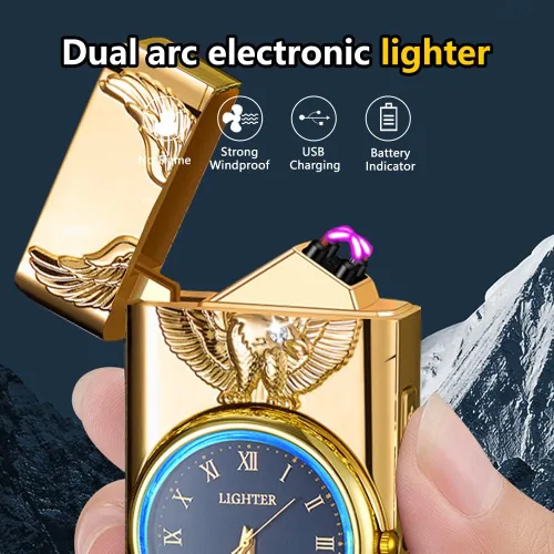Miniatura 6 de Reloj de Bolsillo con Encendedor de Doble Arco de Plasma Eléctrico con Reloj LED y Linterna, Encendedor USB-C Recargable a Prueba de Viento, Regalo