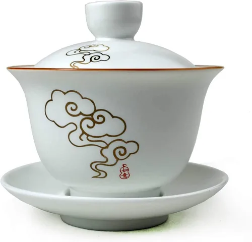 Miniatura 4 de Liang baobao Gaiwan - Taza de té de porcelana de 8 onzas, color blanco esmaltado con borde dorado, sopera china de gongfu, taza de té de gongfu