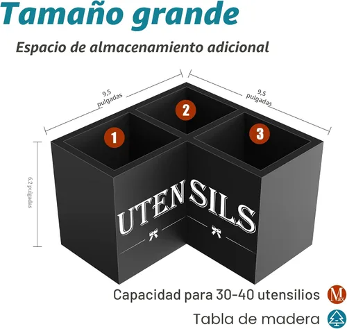 Miniatura 2 de Suli Soporte extra grande para utensilios de cocina con 3 compartimentos, organizador de utensilios de esquina para encimera, organizador de Negro