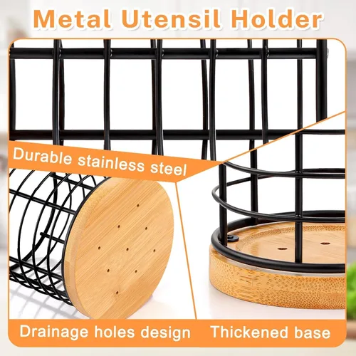 Miniatura 3 de hunnycook 2 Soportes para Utensilios, 5.1*5.1*5.8 y 3.7*3.7*5.8 pulgadas Soportes para Utensilios de Cocina, Recipientes Negros de Metal con Base