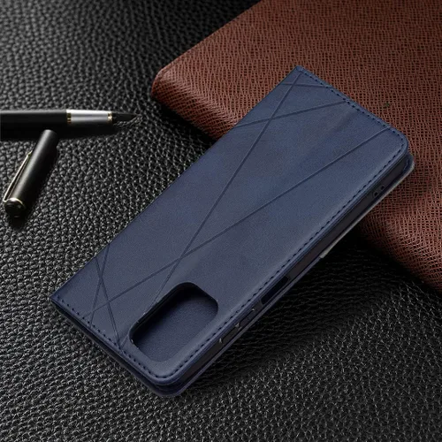 Miniatura 7 de Funda con tapa para Xiaomi Redmi Note 10 4G/Note 10S, patrón de rombos de cuero de primera calidad, función atril, cierre magnético, color azul