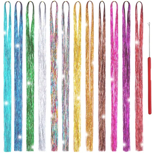 Kit de oropel para el cabello, 12 colores, 2500 hebras de 48 pulgadas, extensiones de cabello de oropel brillante con herramienta, oropel de pelo de