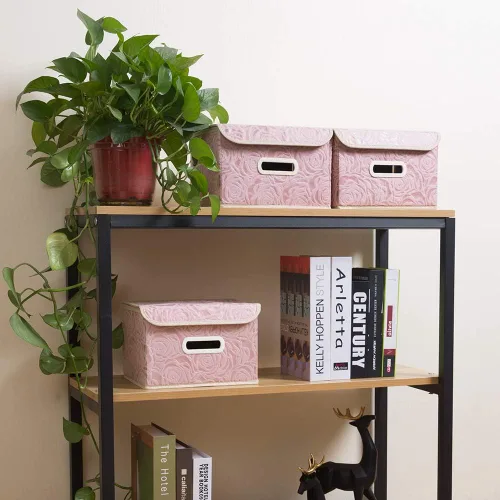 Miniatura 4 de PRANDOM Cajas de Almacenamiento Plegables con Tapas Cubos de Almacenamiento Decorativos de Tela Organizadores Contenedores Cestas con Tapa Asas Rosa
