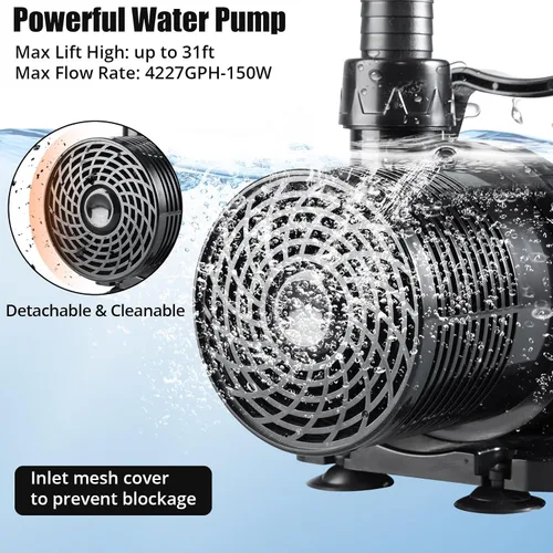 Miniatura 7 de Bomba de agua sumergible, bomba de fuente de agua de alto flujo de 4227 GPH, bomba de estanque de salida ajustable de 180°, bomba de transferencia