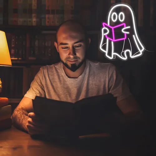 Miniatura 6 de Lámpara de libro de lectura fantasma, letrero de neón de fantasma de lectura, letrero de neón LED para sala de lectura, libro de lectura colgante