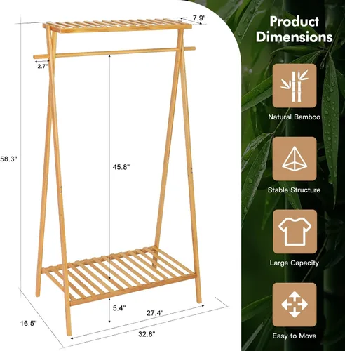 Miniatura 5 de Jotsport Perchero de bambú para ropa con estante de almacenamiento de 2 niveles, soporte para colgar, organizador de armario portátil