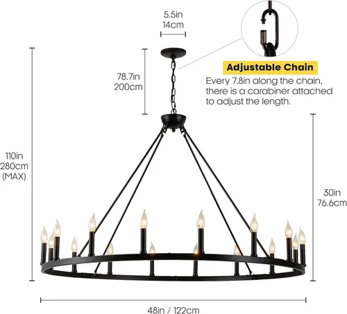 Miniatura 3 de 16-luz Candelabro negro con rueda de vagón grande de granja, iluminación rústica redonda, lámpara de granja