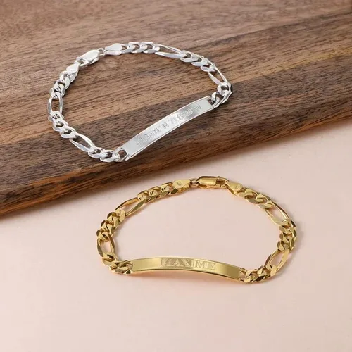 Miniatura 2 de THOYAS Pulsera de identificación personalizada para hombre, chapada en oro de 18 quilates, cadena Figaro de 0.197in, pulseras de identificación