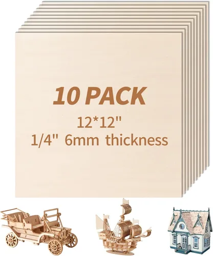 Paquete de 10 hojas de tilo de 12x12" de 1/4 de pulgada y 6 mm sin acabado. Hojas de madera contrachapada de tilo para proyectos DIY, grabado láser,