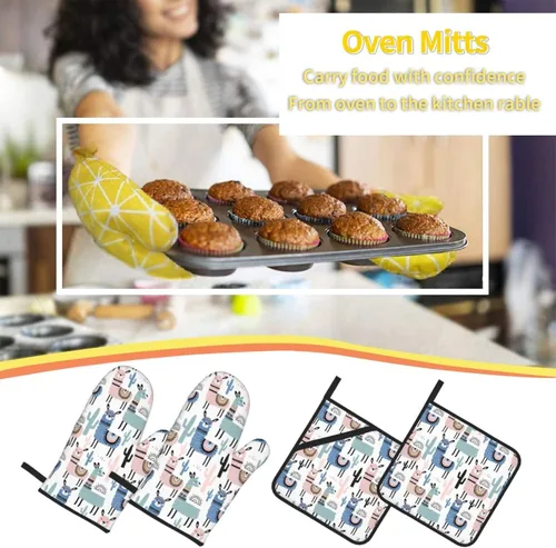 Miniatura 7 de Juego de 4 manoplas de horno y agarraderas de alpaca con diseño de cactus de llama, guantes resistentes al calor para cocina, hornear, asar a
