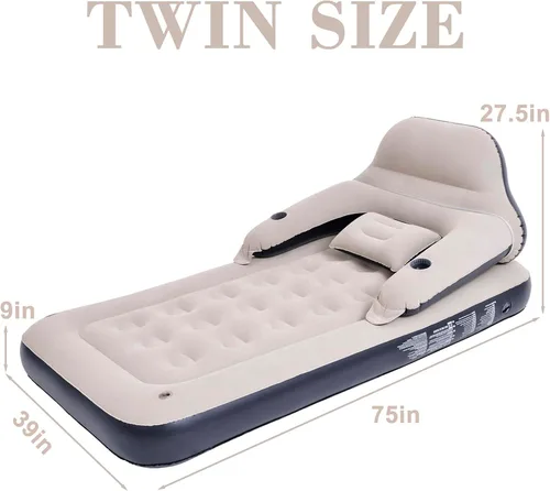 Miniatura 6 de Sofá cama de colchón de aire tamaño individual con cabecera y almohada, cama inflable para exteriores durante la noche