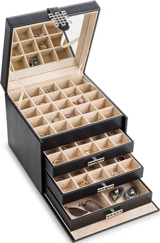 Glenor Co Soporte organizador de aretes, 75 ranuras pequeñas y 4 grandes, caja de joyería clásica con cajón y cierre moderno, espejo, 4 bandejas