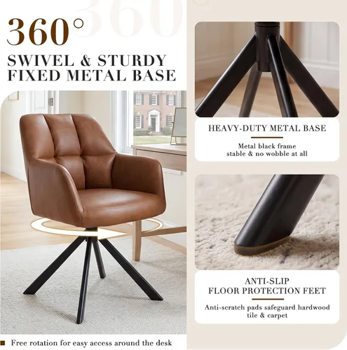 Miniatura 5 de EALSON Cómoda silla de escritorio de cuero, moderna silla de trabajo para computadora, sin ruedas, silla giratoria con brazo de respaldo medio