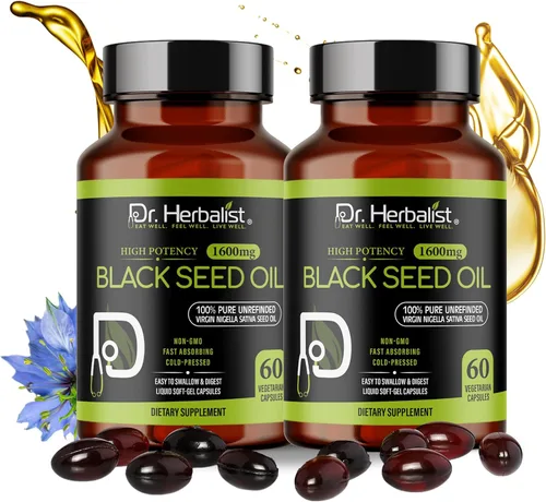 Dr. HERBALIST Cápsulas de aceite de semilla negra de 1600 mg – Cápsulas blandas de Nigella Sativa prensadas en frío con timoquinona | Apoya el