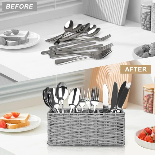Miniatura 6 de Ayiaren Organizador de cubiertos de plástico gris para cubiertos, organizador de utensilios pequeños para encimera de cocina, fiesta, cubiertos