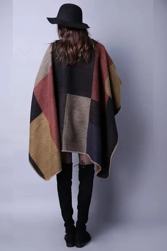 Miniatura 5 de Chal de punto para mujer a cuadros con parte delantera abierta tipo poncho tipo capa envolvente