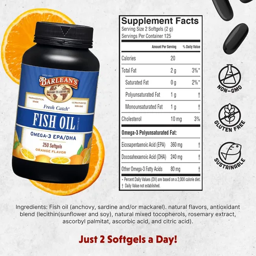 Miniatura 2 de Barlean's Suplemento Omega 3 de aceite de pescado, cápsulas blandas de ácidos grasos EPA y DHA para la salud de las articulaciones, el cerebro