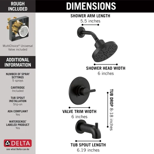 Miniatura 4 de Delta Nicoli 14 Series H2Okinetic - Juego de grifo de bañera y ducha, juego de cabezal y manija de ducha mate, kit de moldura de válvula, negro mate