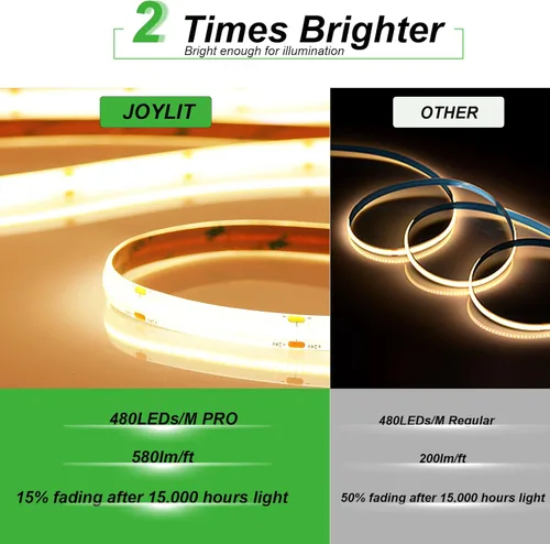 Miniatura 3 de JOYLIT Tira de luces LED COB de 24 V, 16.4 pies, 3000 K, blanco cálido, 550 lm/ft, súper brillante, CRI 95+, UL Premium, 2400 LED, cinta adhesiva