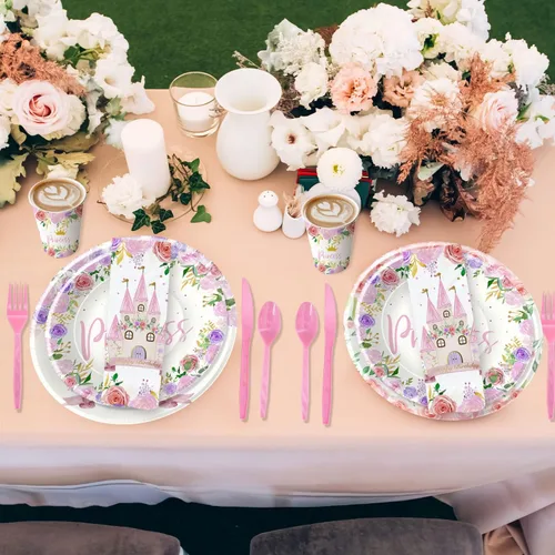 Miniatura 7 de Vajilla para decoración de fiesta de princesa, suministros para fiesta de cumpleaños de princesa, incluye platos, vasos, servilletas, mantel