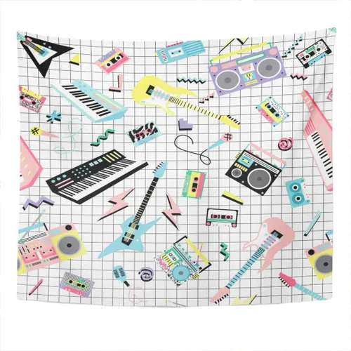 Miniatura 3 de Suklly Tapiz para colgar en la pared, música retro de los años 80 y 90, instrumentos musicales y reproductores de cassette, decoración del hogar