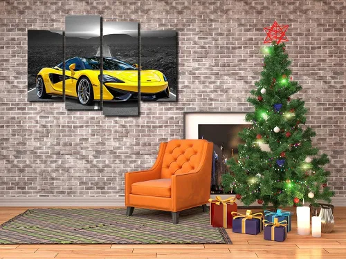 Miniatura 4 de Póster de pared en blanco y negro, 4 piezas de automóvil deportivo amarillo grande, lienzo para habitación de niños, dormitorio, sala de estar