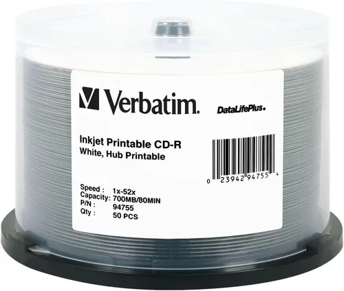 Verbatim CD-R 700MB 52X DataLifePlus White Inkjet imprimible, Hub imprimible - 50pk Husillo - 94755