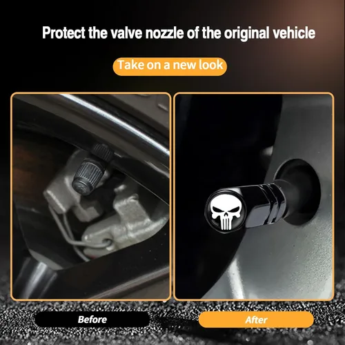 Miniatura 4 de Ajxn Pack-4 tapas de vástago de válvula de neumático con diseño de calavera, cubiertas herméticas a prueba de polvo para rueda de coche, tapas