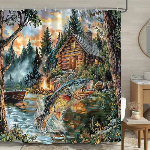 Miniatura 16 de Sanzugh Cortina de ducha rústica para cabaña de pesca, caravana, remolque, baño, campo, lago, camping, juego de cortinas de ducha pequeñas y cortas