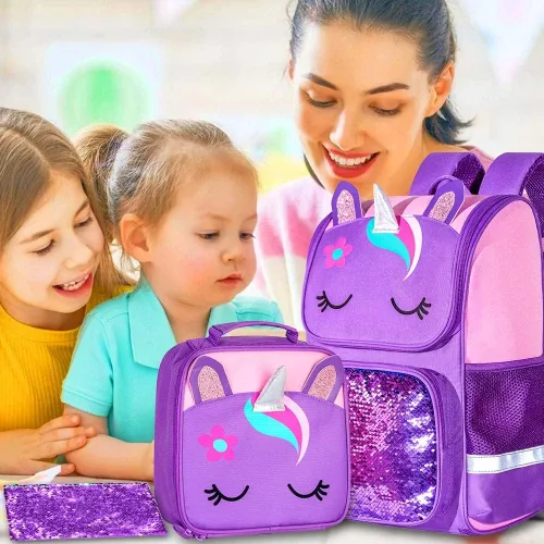 Miniatura 14 de KLFVB Mochila de 3 piezas para niñas y niños, bolsa de libros de dinosaurio de unicornio de 15 pulgadas con lonchera, bolsa escolar preescolar