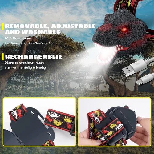 Miniatura 8 de Dysaim Linterna Frontal para Niños, Linterna Frontal de Dinosaurio T-Rex Recargable para Niños y Lámpara LED de Cabeza, Linterna de Equipo