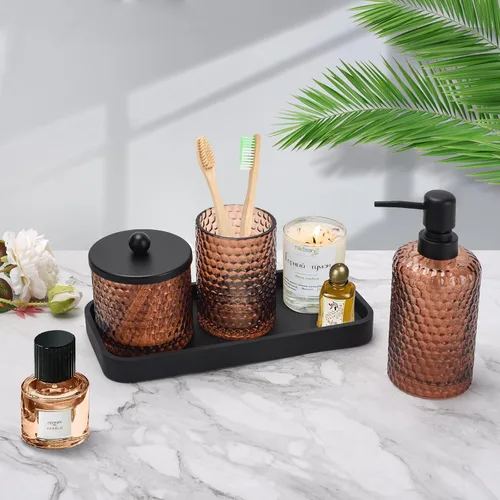 Miniatura 6 de Conjunto de accesorios de baño, 4 piezas de accesorios de baño de vidrio ámbar - Dispensador de jabón de loción, soporte para cepillo de dientes