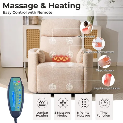 Miniatura 3 de Sillón reclinable giratorio de gran tamaño con masaje y calor, sillón reclinable giratorio para guardería con reposacabezas ajustable, silla Beige
