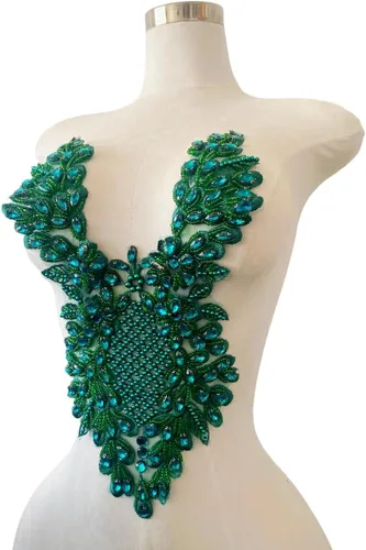 Miniatura 3 de Apliques de encaje hechos a mano con diamantes de imitación para coser a mano, parches para ropa de vestir, falda y escote (verde profundo)