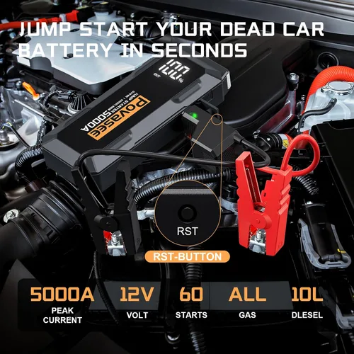 Miniatura 2 de Arrancador de 5000 A Povasee A40 Arrancador de Batería de Coche, Paquete de Energía Portátil de 12 V para Todos los Motores de Gasolina y Diésel